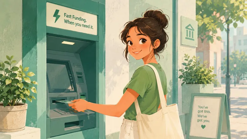 Woman withdrawing same-day cash advance funds at an ATM