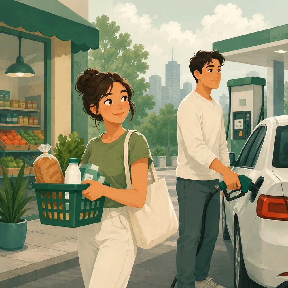 Woman buying groceries and man filling up his car with gas — everyday expenses a small cash advance can cover