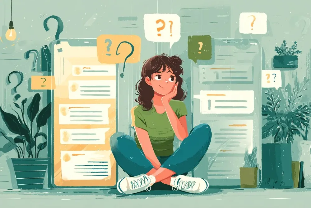 Woman thinking through common cash advance questions, surrounded by chat bubbles