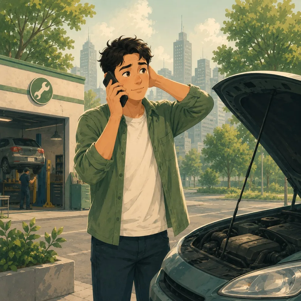 Man on the phone next to his broken-down car at a repair shop — unexpected costs a cash advance can cover